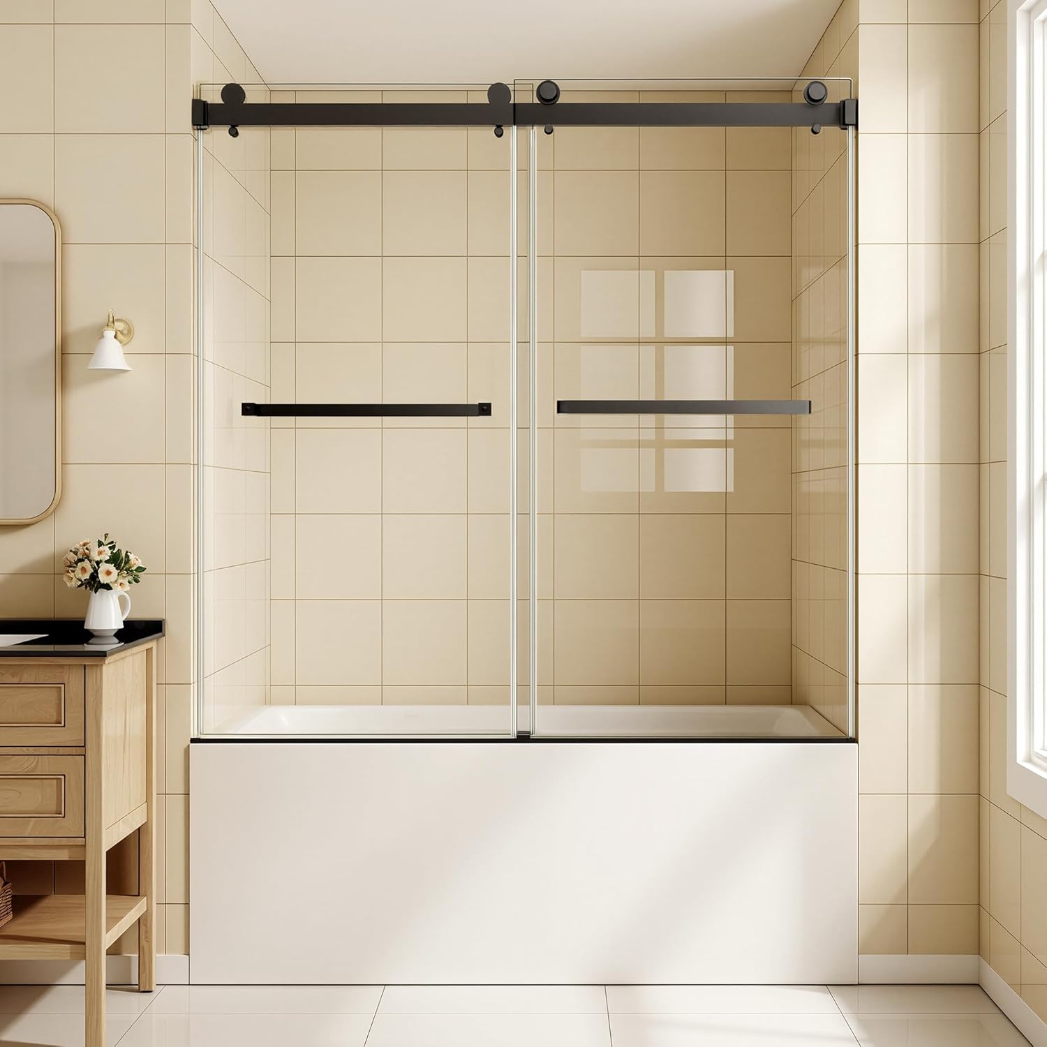 Frameless Bathtub Sliding Shower 56–60" W × 60" H, Stainless Steel, 5/16" (8mm) Tempered Glass, Soft-Close, for tub Matte Black