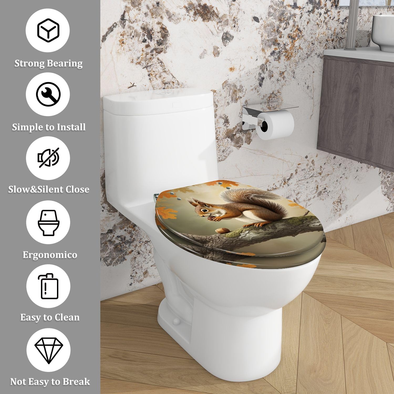 Asiento de inodoro alargado de resina decorativa con bisagras de liberación rápida para baño.