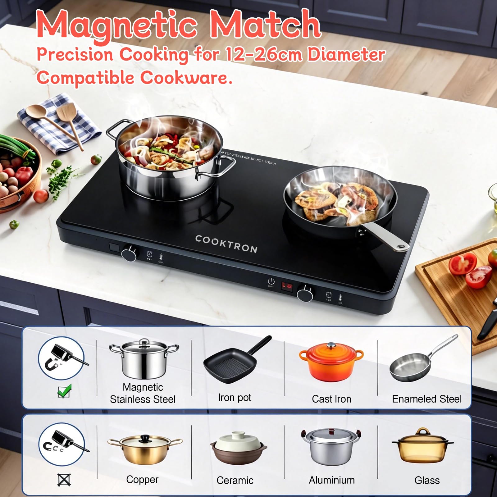 COOKTRON Płyta indukcyjna 2 płyty 3500 W, płyta indukcyjna podwójna, wolnostojąca, 10 poziomów mocy, przycisk dotykowy i obrotowy, timer 99 min, mobilna do kuchni i na kemping