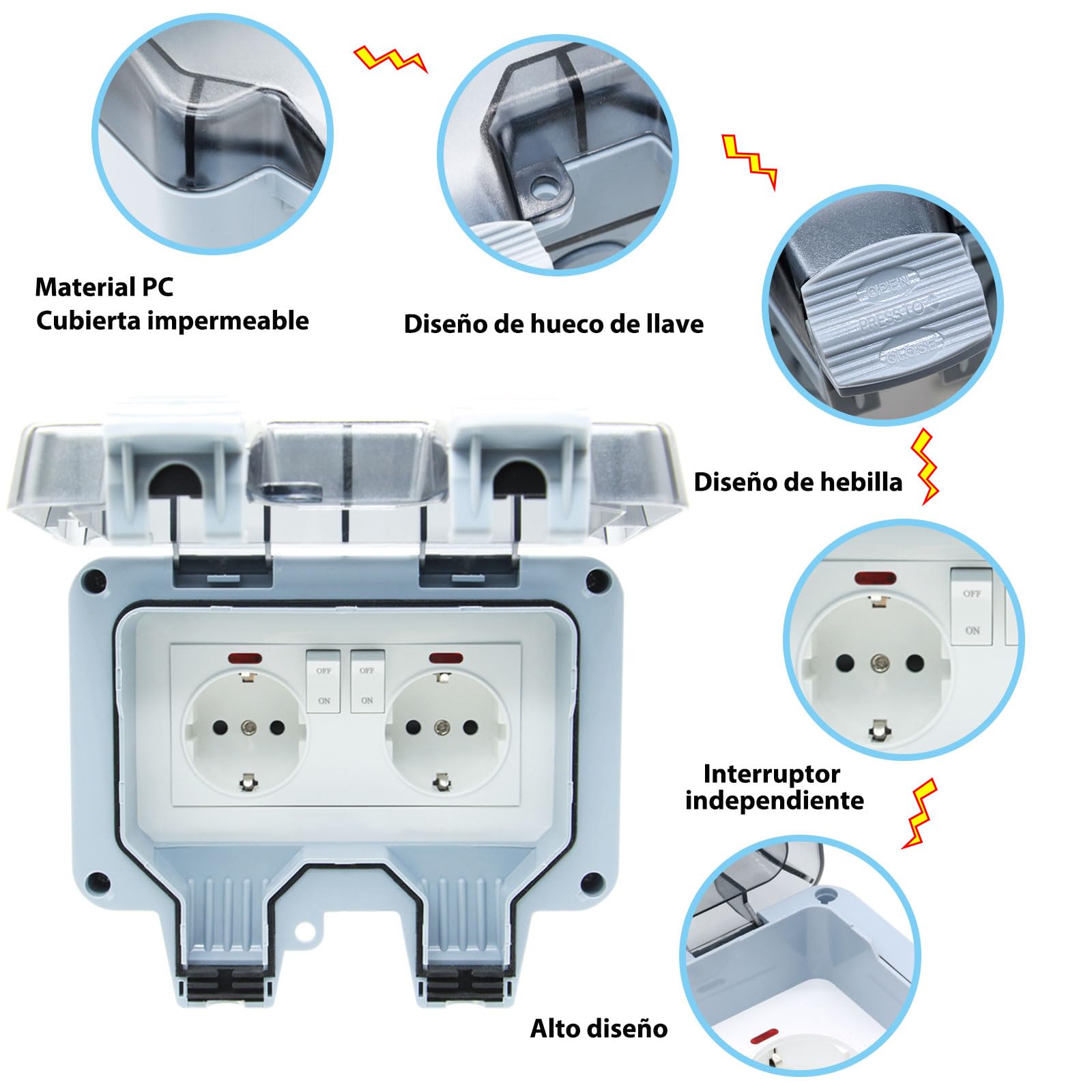 Enchufe de Exterior Impermeable Toma de Corriente IP66 con Interruptor doble conexión,Conector de Cable y Tapa Abatible,para Cocina Baño Garaje Piscina y Jardín (MPG2-GSN, 1 Piezas)