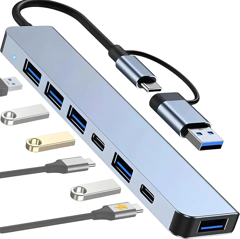 Hub USB 3.0 Extensor Adaptador 7 em 2 - USB 3.0, USB 2.0, USB-C, PD 100W - Compatível com Notebook, Macbook, Ipad, Dock Station, Dex, Raspberry - Cabo Preto, Compacto em Alumínio (7-in-2 USB-C)