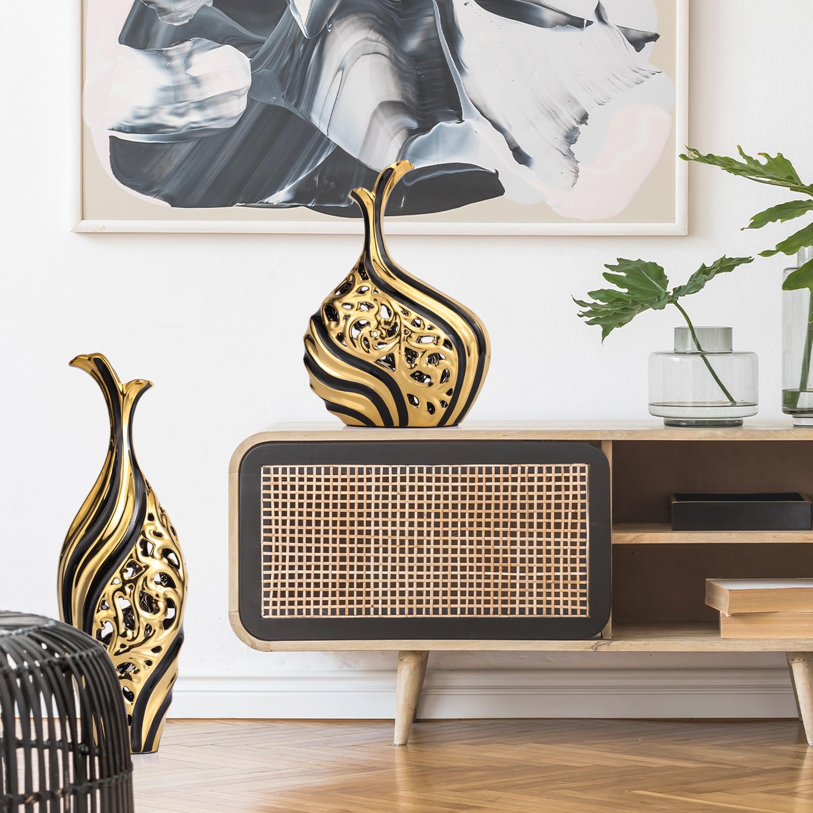 LCCCK Vaso moderno in ceramica, alto 49,8 cm, nero oro, ideale per erba della pampa e composizioni floreali, vaso decorativo da pavimento per soggiorno, sala da pranzo, ingresso