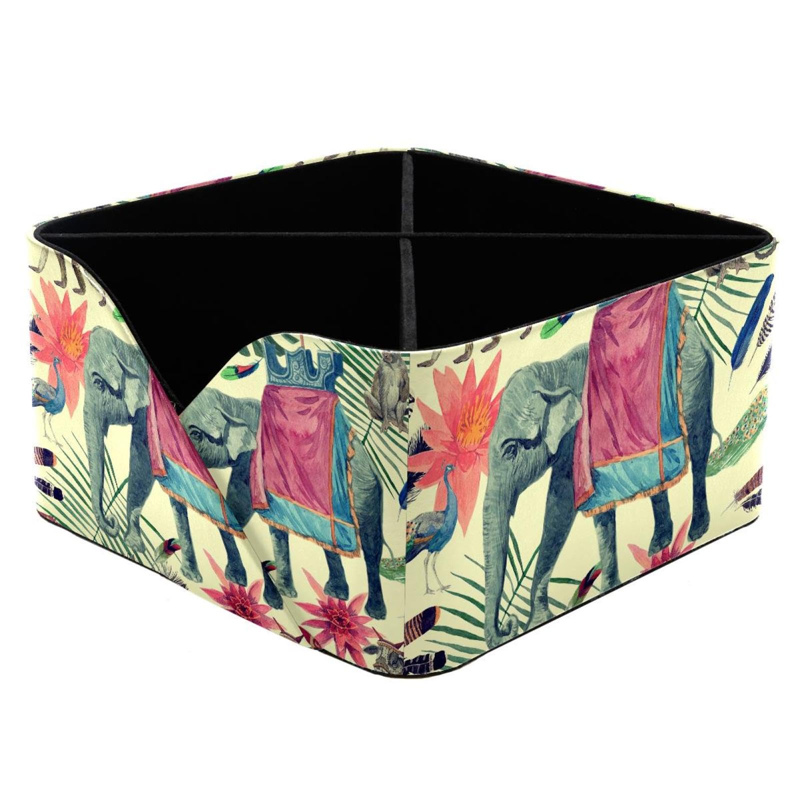 KengjuTesu Indian Elephant Monkeys Peacock Feathers Cow Palm Leaves Pattern Desktop Organizer Pen Holder, Rectangular Pencil Cup for Office, Study and Makeup Stations