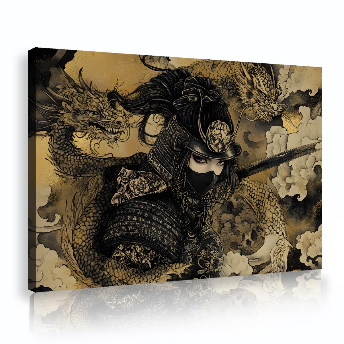 Via Vela Peinture murale en toile de dragon samouraï imprimés de guerriers japonais œuvres d’art à thème oriental affiche pour le salon chambre décoration du bureau 80x120cm