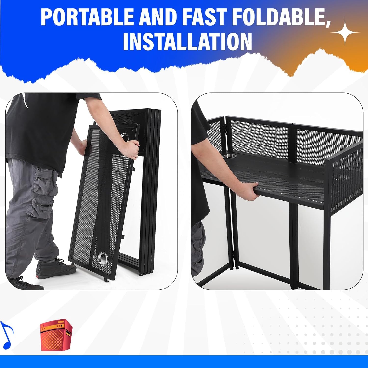 Portable DJ Facade Booth, Foldable DJ Table Station With White & Black Lighting Scrim,42 in L x46 in H x 25 in W DJ Stand Booth,With Adjustable DJ Event Facade Feet for Party, Black Metal Frame