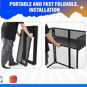 Portable DJ Facade Booth, Foldable DJ Table Station With White & Black Lighting Scrim,50 in L x48 in Hx 25 in W DJ Stand Booth,With Adjustable DJ Event Facade Feet for Party, Black Metal Frame