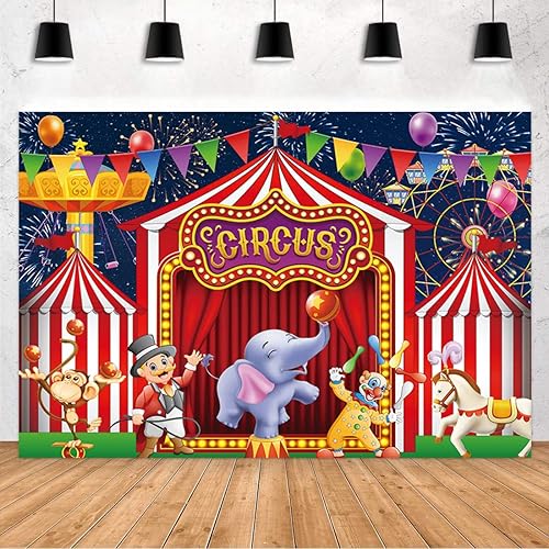 Miniatura 5 de DIZHI Cartel de fondo rojo de carnaval para fiestas de circo para niños y niñas, decoración de feliz cumpleaños, festivales y accesorios de fotos de