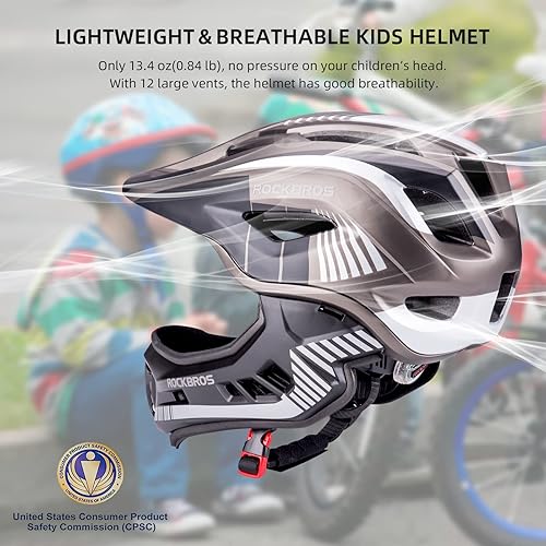 Miniatura 2 de ROCKBROS Casco integral para niños, casco ligero de bicicleta de montaña para niños pequeños, casco desmontable para MTB BMX, patinaje, ciclismo,