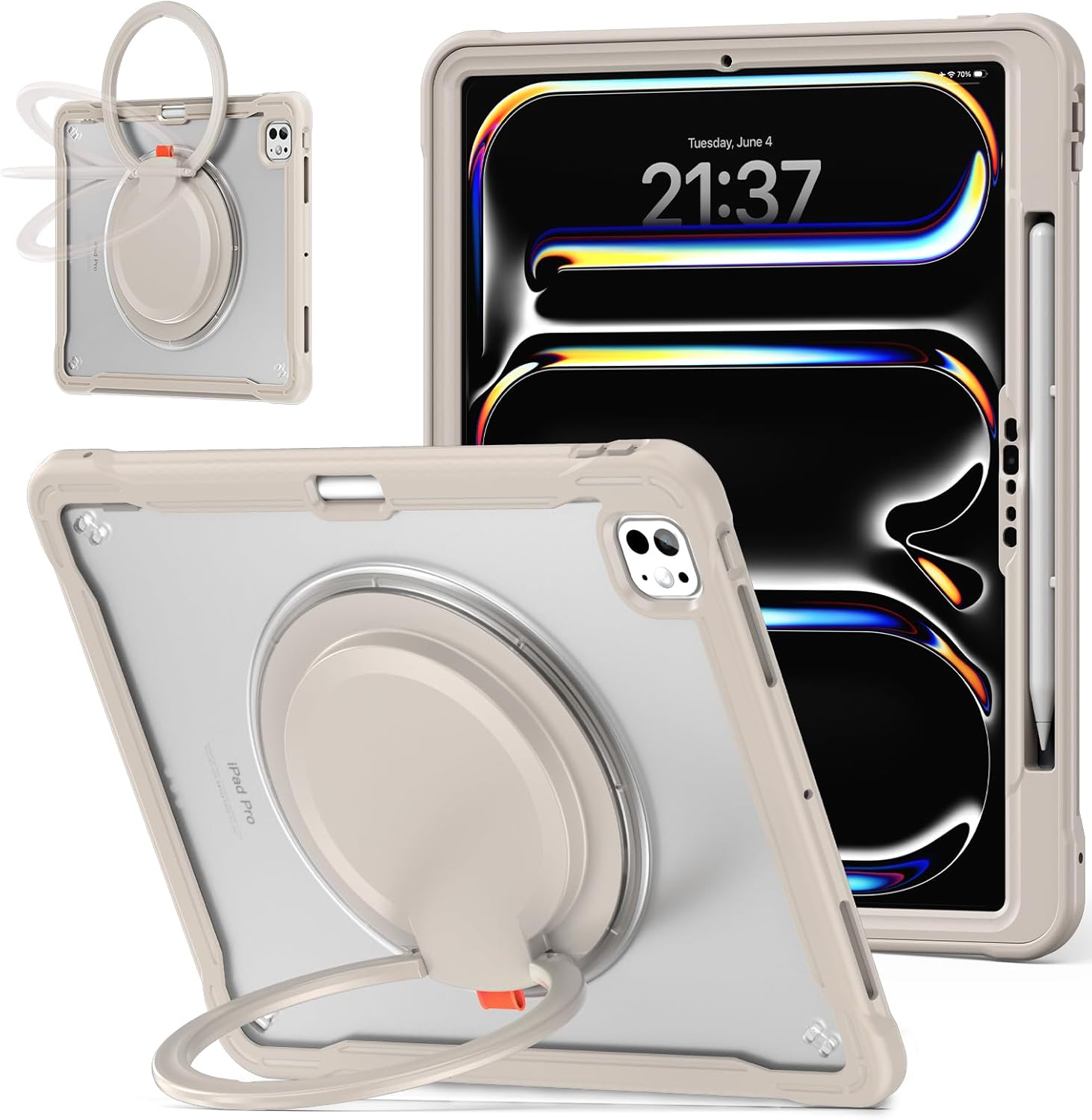 Batianda iPad Pro 13 inch Case 2024 M4 Chip Lightweight Dual-Layer Protective Tablet Cover, Durable Shock-Absorbing Corners with 360° Rotating Retractable Kickstand Ring Built-in Pen Slot, Khaki