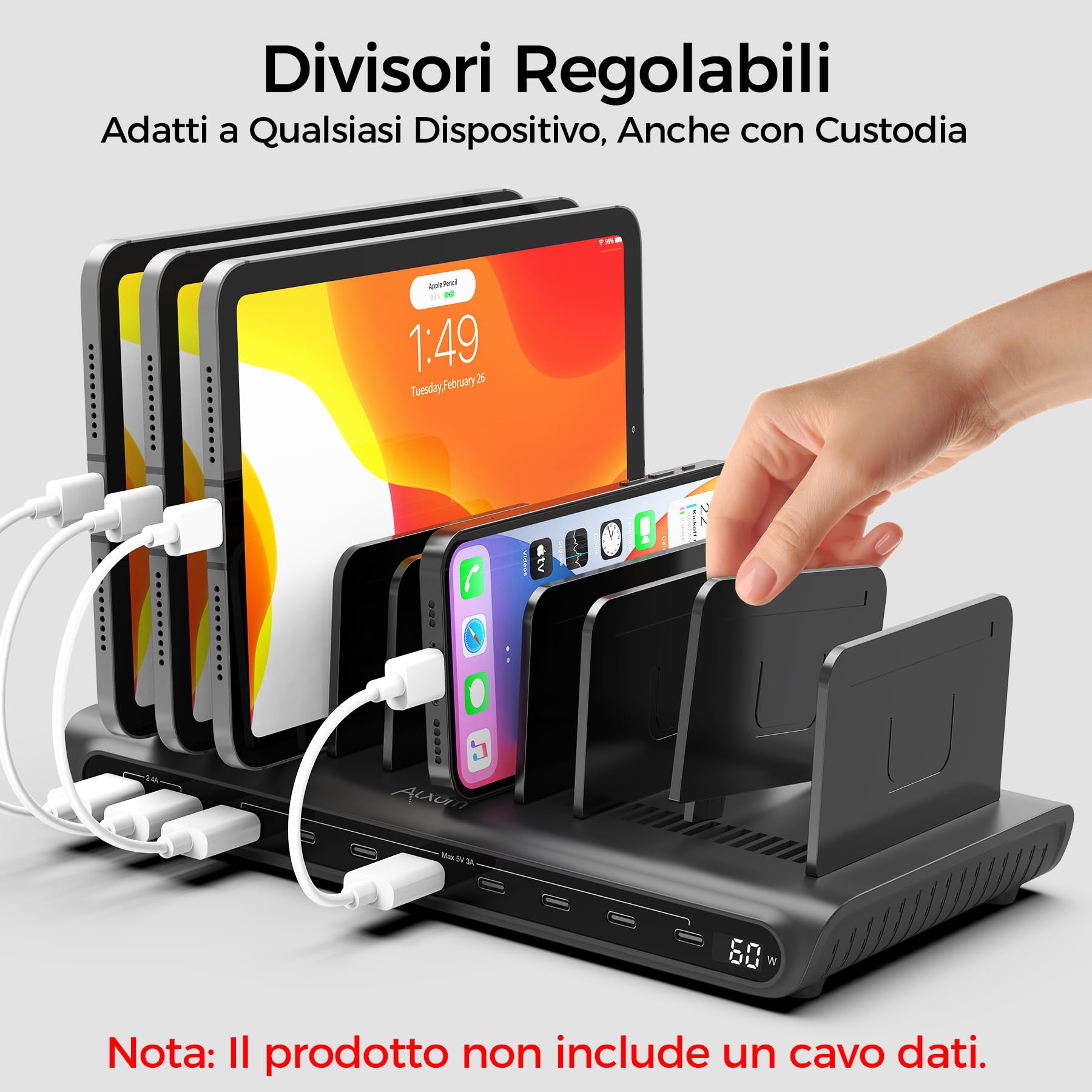 Alxum Stazione di Ricarica USB 10 Porte 60W, Multi Caricatore USB con Display LED, 8×USB-C e 2×USB-A, Smart Charging Station per iPhone, iPad, Phone, Tablet, Android, Ideale per Casa, Ufficio e Scuole