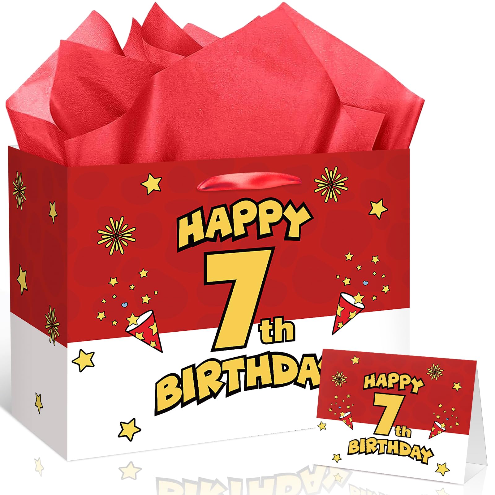 7th Birthday Gift Bag for Boys Red and White Comic Style Wrapping Paper Bag with 3 Sheets Tissue Paper Greeting Card for 7 Year Old Kids Birthday Party Decorations Gamer Themed Party Supplies