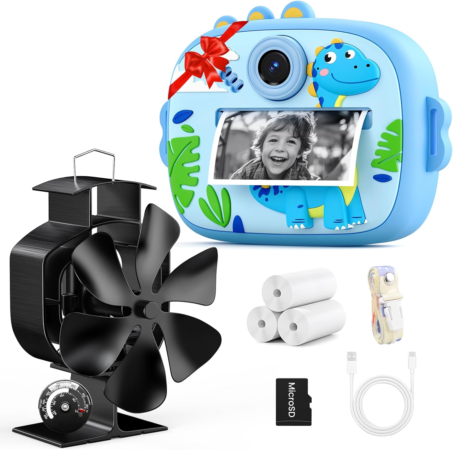Kids Instant Print Camera for Kids + 60° Wood Stove Fan Heat Powered Fireplace Fan | Fun Photography Toy & Efficient Heat Circulation Bundle for Family & Home