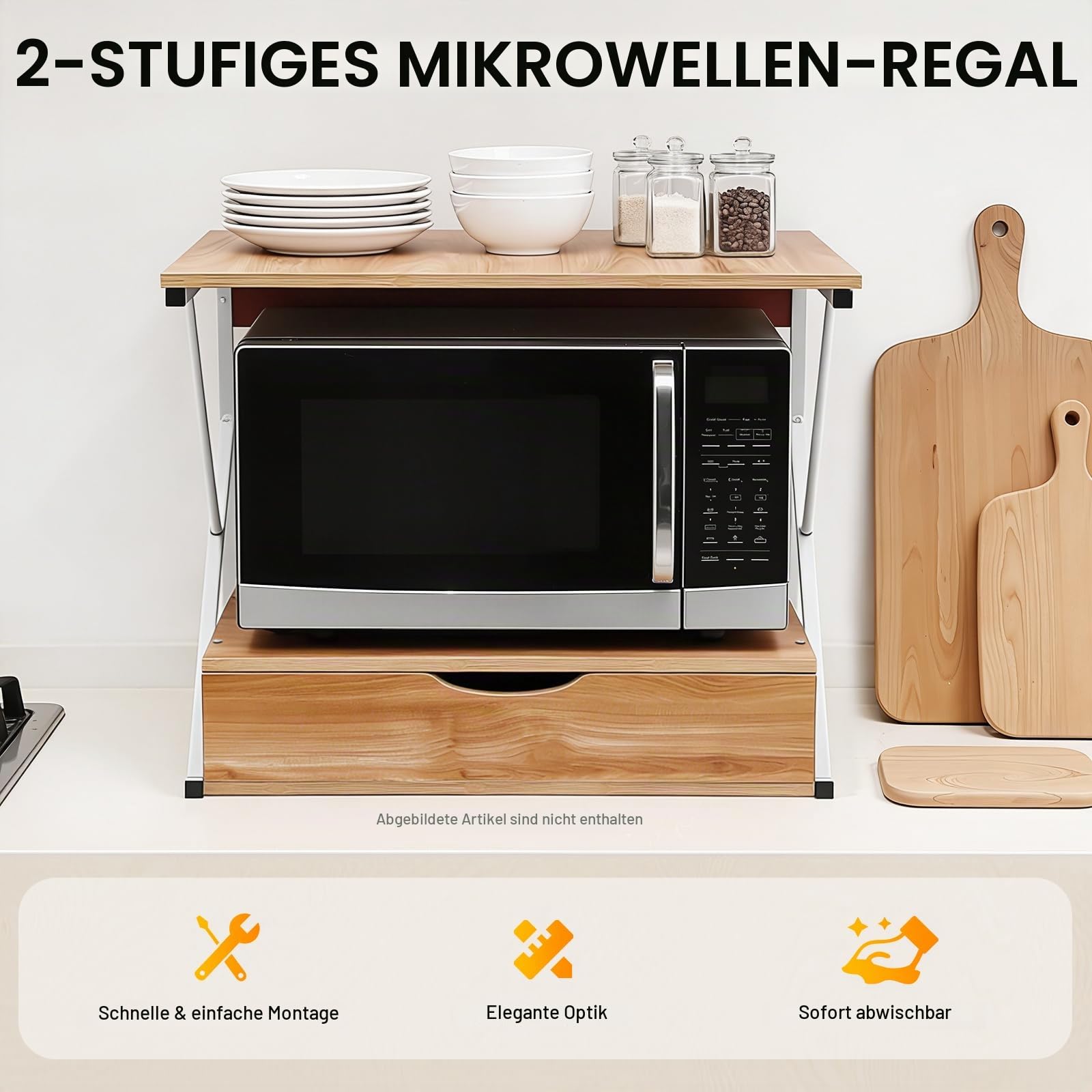 2 Stufiges Mikrowellen, Mikrowellenständer Küchenregal mit Schublade, Küche Regal Organizer Bäckereiregale, 54 x 35 x 50cm