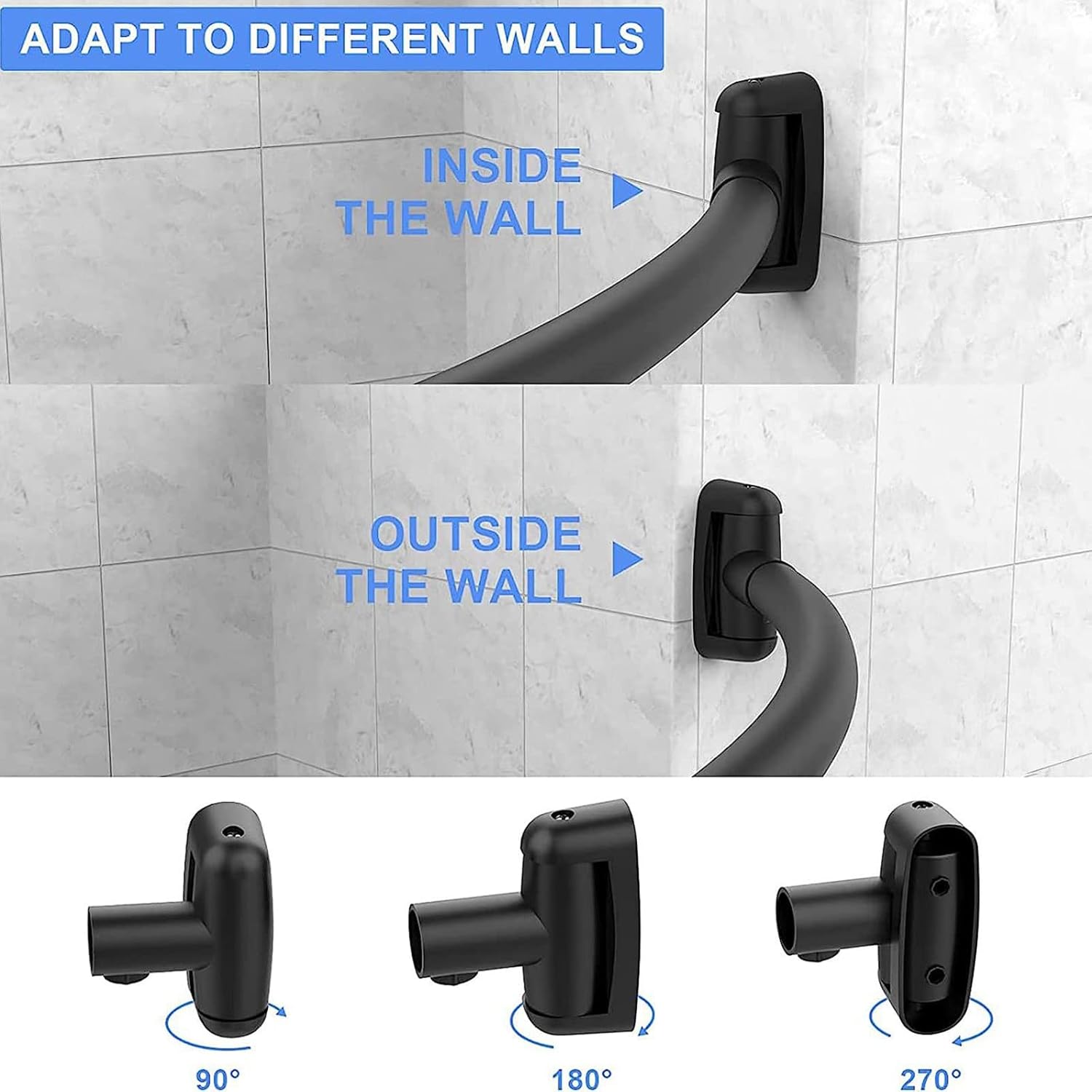 Curved Shower Curtain Rod, 42-72 Inches Adjustable Stainless Steel Arched Shower Curtain Rods Rustproof Round Never Fall Telescoping Design for Bathroom, Bathtub, Need to Drill (Black)