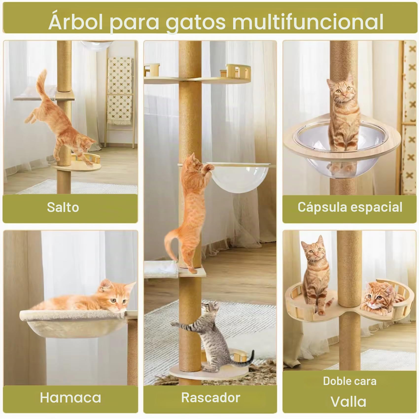 Rascador de Suelo a Techo, Altura Ajustable, 240 – 250 cm, 265 – 275 cm, Ancho 11 cm, Hamaca para Gatos, Totalmente Envuelta en Cuerda de sisal