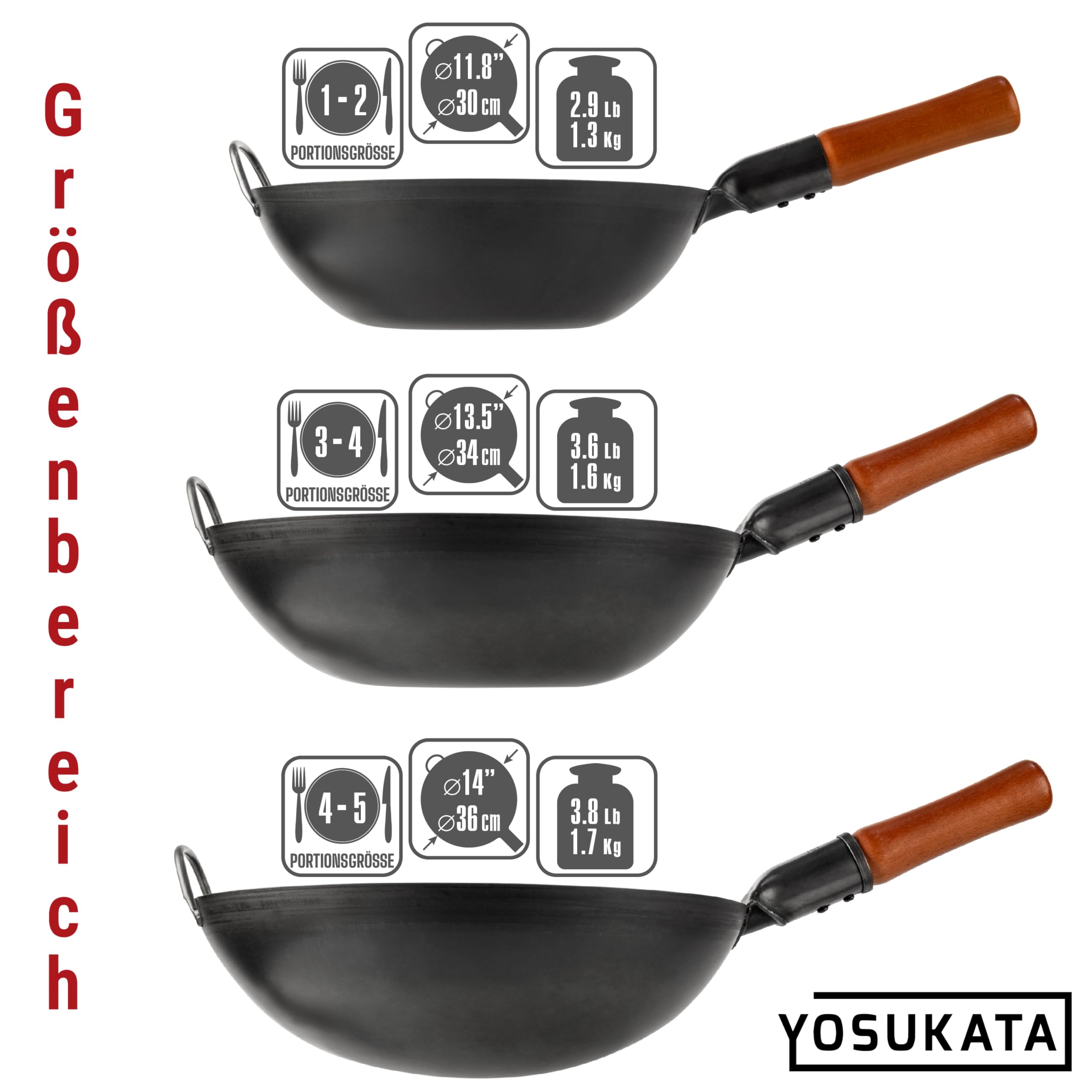 YOSUKATA Karbonstahl Woks & Wokpfannen - 36 cm Voreingebrannter Wok Pfanne Carbonstahl Runder Boden - Traditionell Wok Für Gasherd - Kompatibel mit Gas, Grill, Feuer, Gasgrill - Asiapfanne
