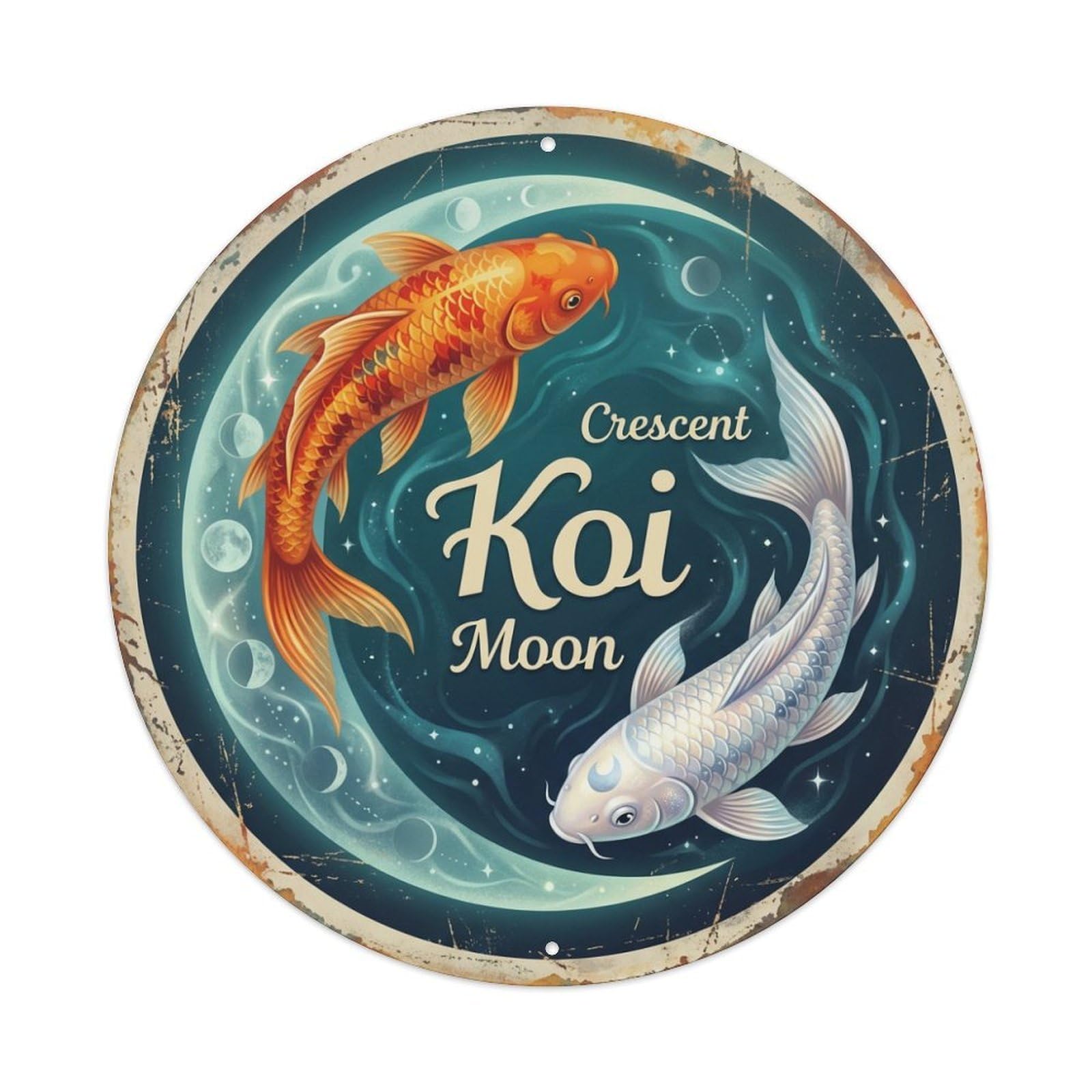 Koi Fish Crescent Moon Waters Lunar Night Celestial Dreamy Metal Tin Sign