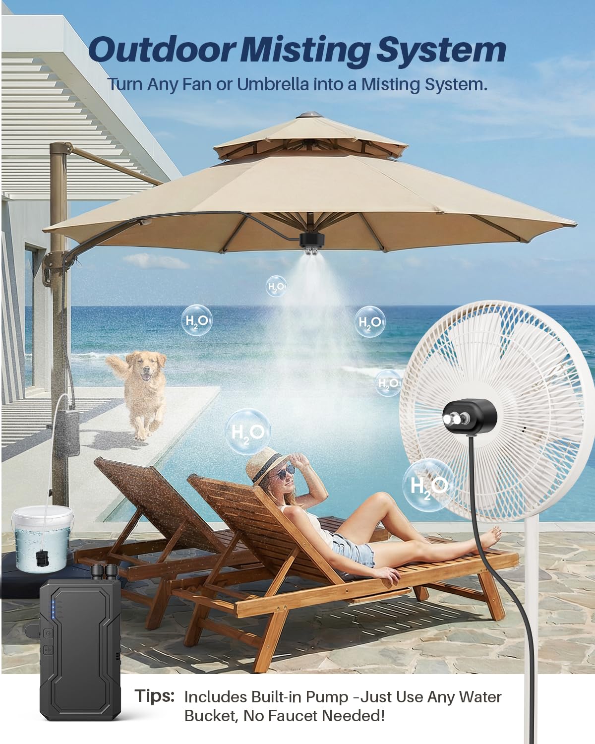 Système de brumisation portable avec pompe à eau, brumisateur extérieur 6000 mAh pour terrasse extérieure, brumisateur magnétique de refroidissement à eau pour patio, ventilateur industriel, auvent