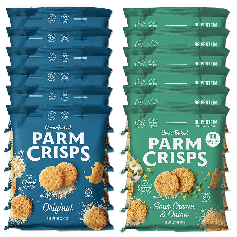 ParmCrisps – Original and Sour Cream & Onion Cheese Parm Crisps, Made Simply with 100% REAL Cheese | Healthy Keto On-the-Go Snacks, Low Carb, High Protein, Gluten Free, Oven Baked, Keto-Friendly | Variety 0.63oz (Pack of 12)