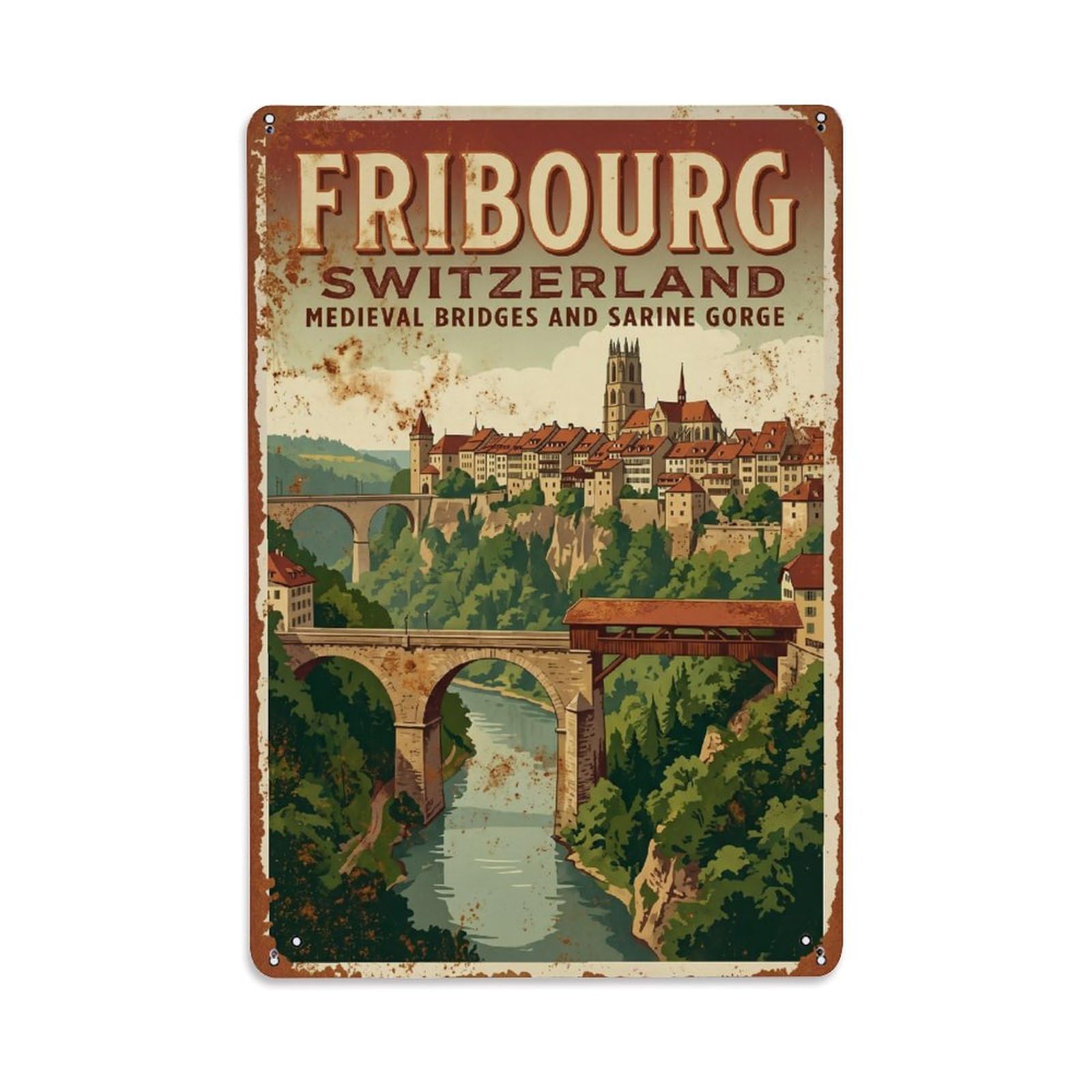 Vintage Travel Fribourg Switzerland Metal Tin Sign Wall Decor for Cafe, Club, Garden Metal Poster 8x12Inch
