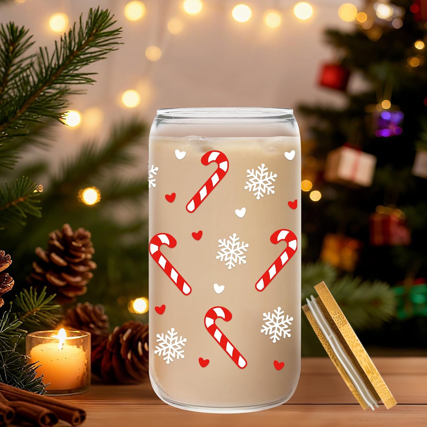 Christmas Gifts for Women - 16oz Candy Cane Glass Cup with Lid Straw - Christmas Coffee Cup for Her - Holiday GlassTumbler for Mom Sister Friend Coworker - Image 4