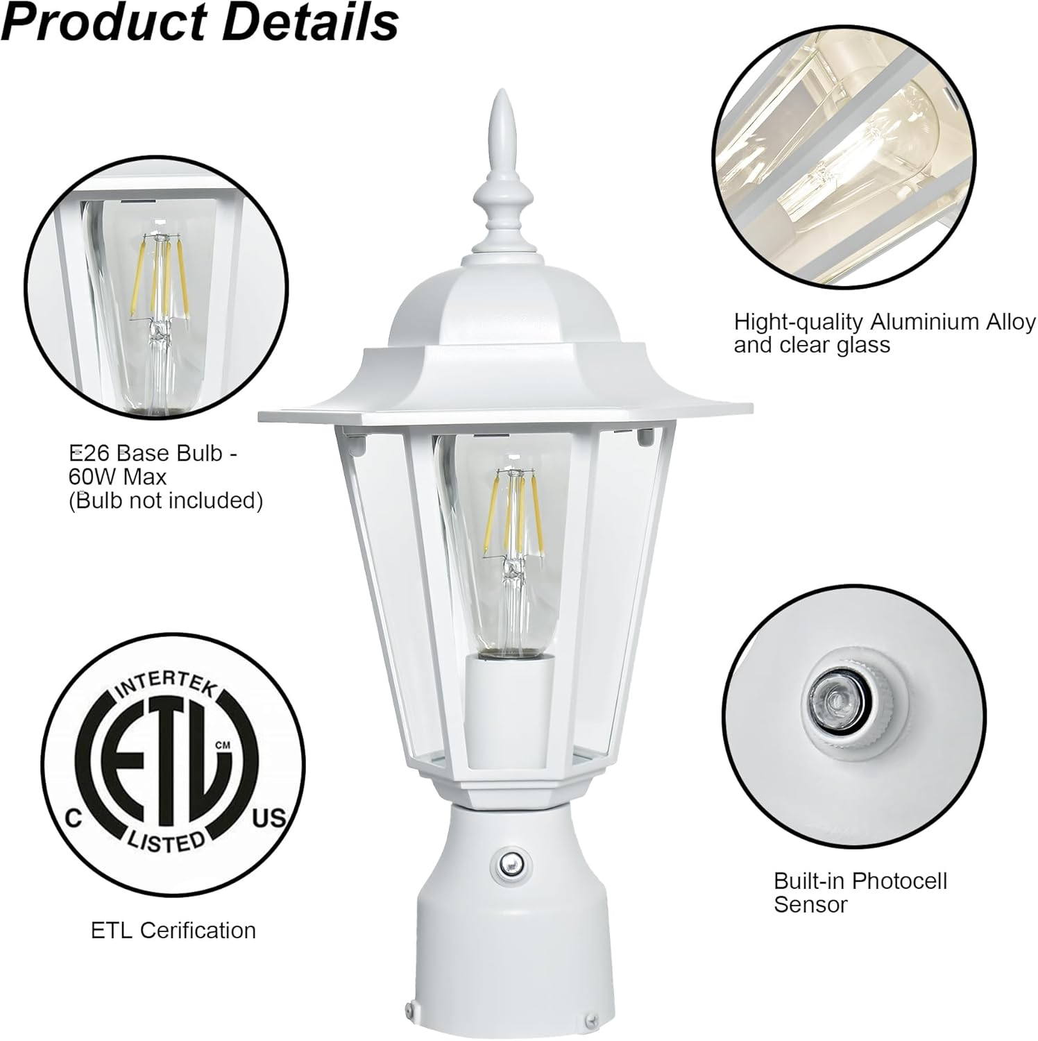 Pia Ricco Outdoor Post Lights Dusk to Dawn, Lamp Post Light Fixture with E26 Socket, White Exterior Post Lantern with Clear Glass Shade, Pillar Outside Lighting for Walkway, Anti-Rust & Waterproof