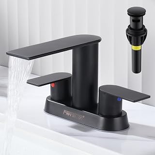 2023 𝙉𝙀𝙒 FRANSITON Waterfall Bathroom Faucet Lavatory 2 Handle 3 Hole 4 Inch Bathroom Sink Faucet Washbasin Faucet with Deck and Pop-up Drain Black Centerset Bathroom Faucet