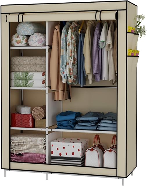 UDEAR Closet Organizer Wardrobe Clothes Storage Shelves, Non-Woven Fabric Cover with Side Pockets,41.3 x 17.7 x 66.9 inches,Beige