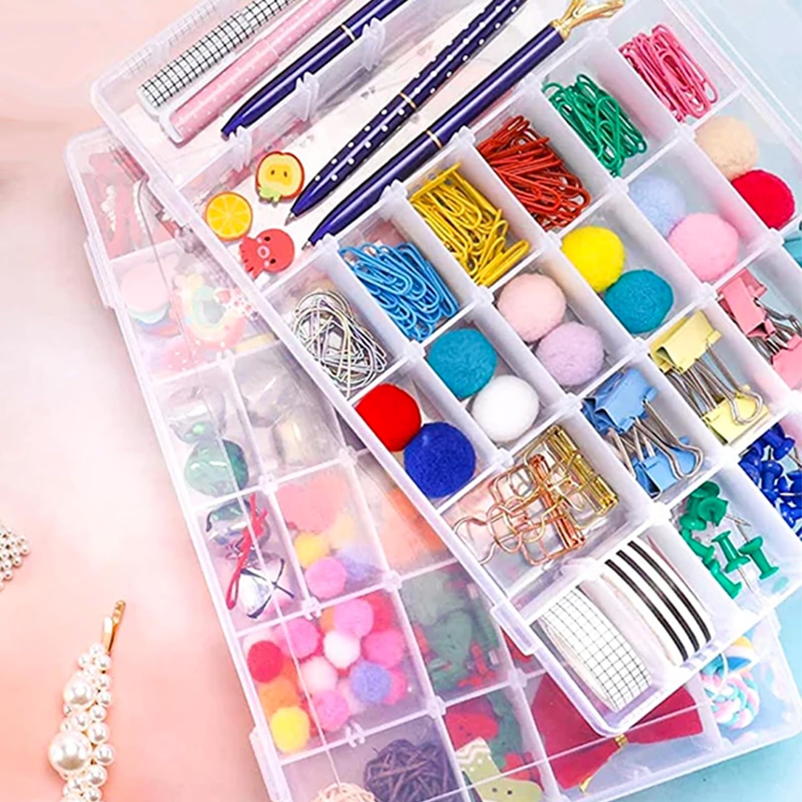 Confezione da 2 scatole organizer in plastica trasparente a 48 scomparti con divisore rimovibile, organizer per perline e oggetti, per perline, unghie, gioielli, artigianato fai da te
