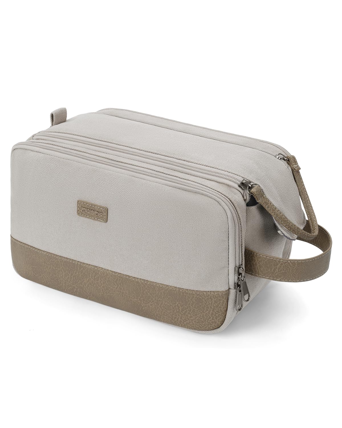 WANDF Kulturtasche für Herren, Reise-Kulturbeutel, Kosmetiktasche mit Segeltuch und PU Leder, Wasserabweisende Rasiertasche für Reisezubehör(Creme beige, Patent angemeldet)