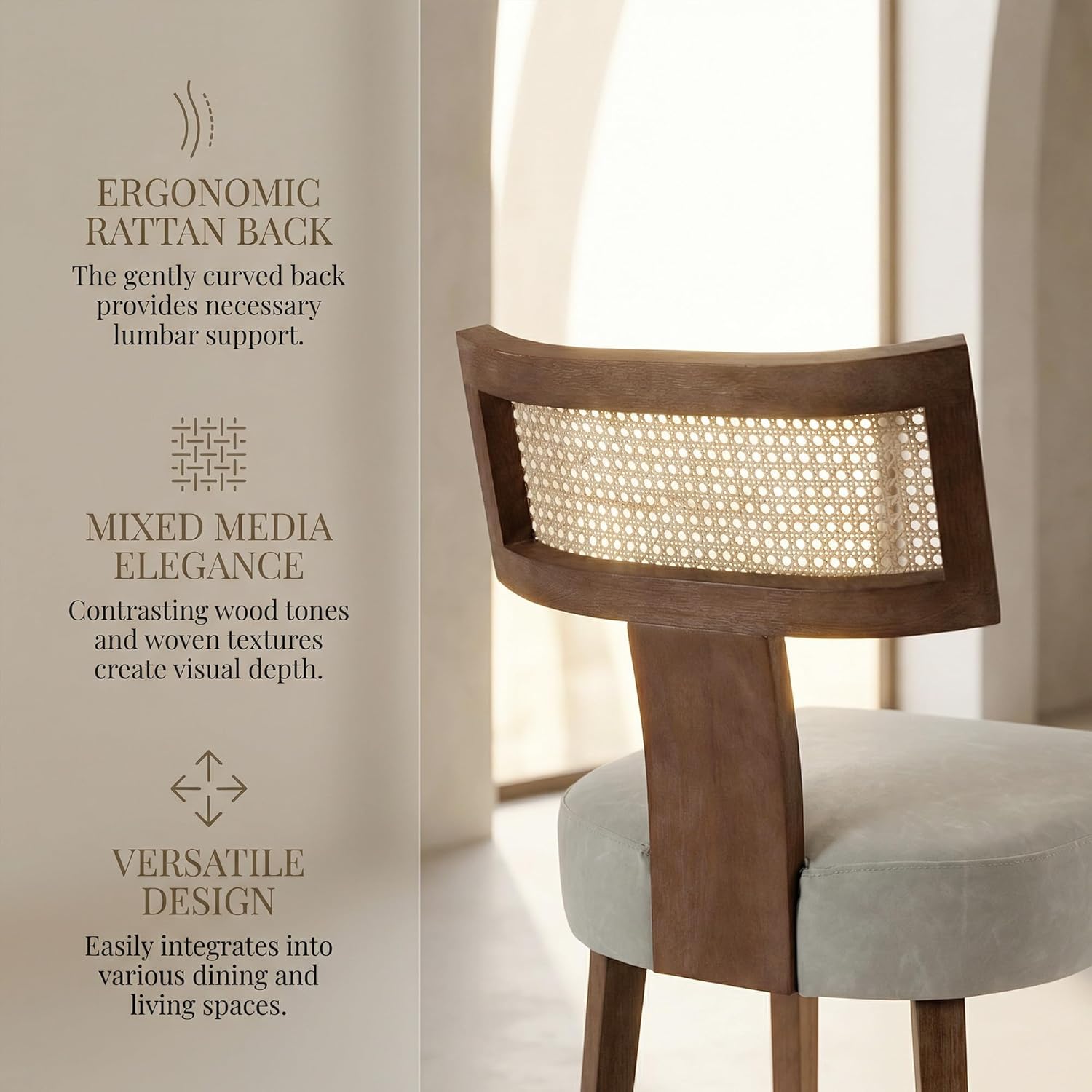 HNY Mid Century Modern Rattan Dining Chairs Set of 2, Farmhouse PU Leather Upholstered Accent Chair Curved Backrest Kitchen Chairs, with Hardwood Frame, Grey thumbnail