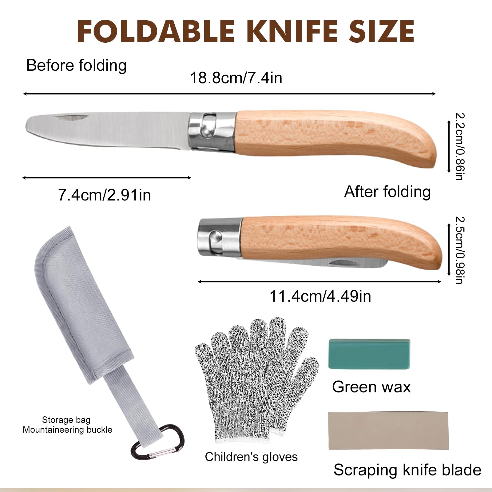 Hochwertiges Kindermesser Schnitzset, klappbares Outdoor Taschenmesser mit Holzgriff Schnitzmesser Kinder ab 6 Jahre inkl schnittfeste Handschuhe, Messerscheide Schnitzwerkzeug
