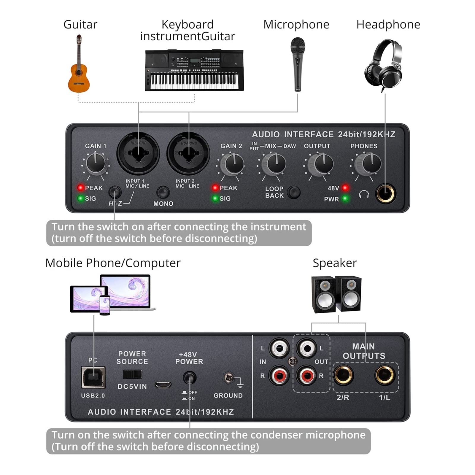 Tarjeta de sonido de interfaz de audio con consola de mezcla de monitor Micrófono de grabación de estudio 48V Potencia Power Mixer