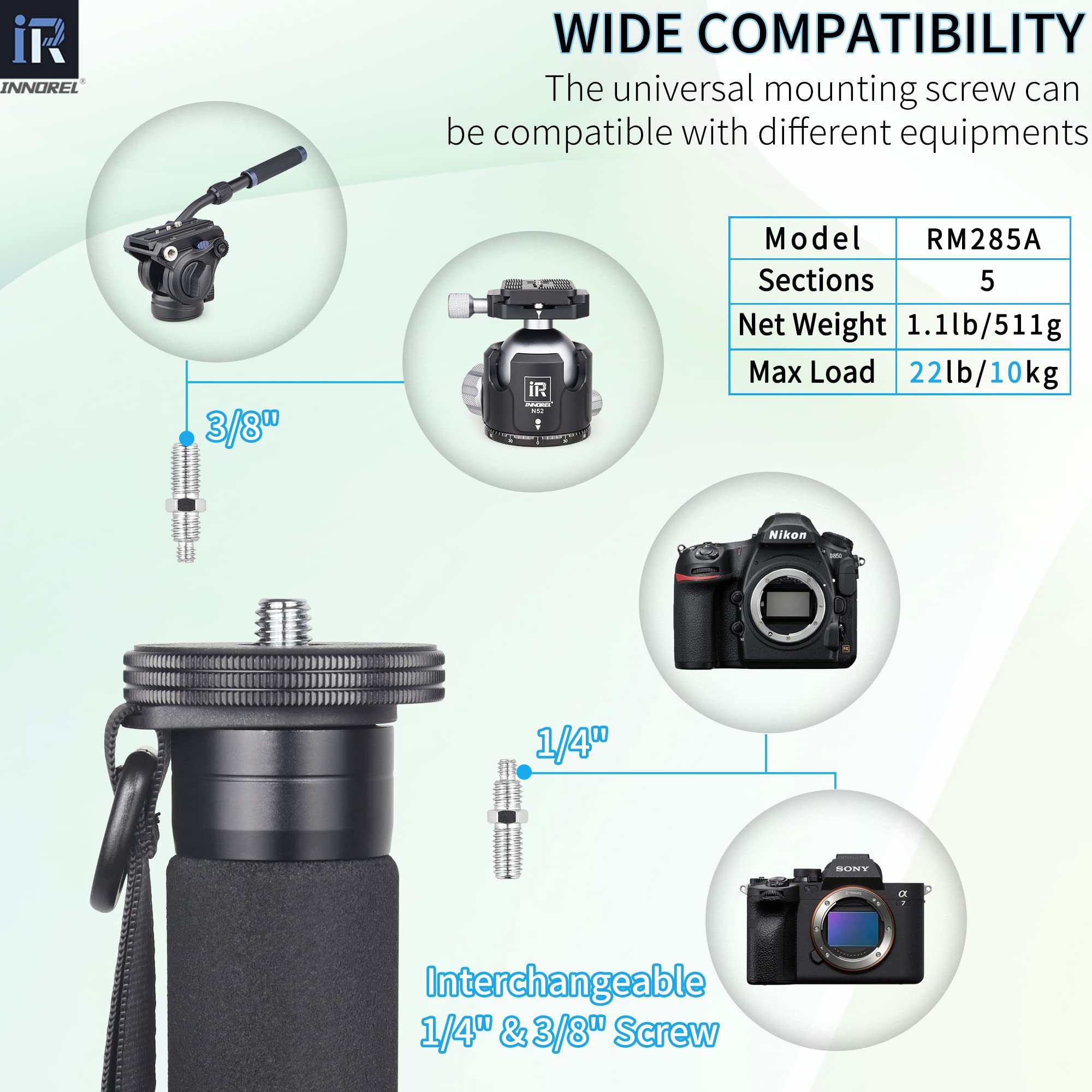 INNOREL RM285A aparat monopod profesjonalny przenośny 5-częściowy kompaktowy podróżny monopod ze stopu aluminium do aparatu Canon Nikon Sony DSLR kamera wideo DV uchwyt fotograficzny obciążenie 22 funtów / 10 kg