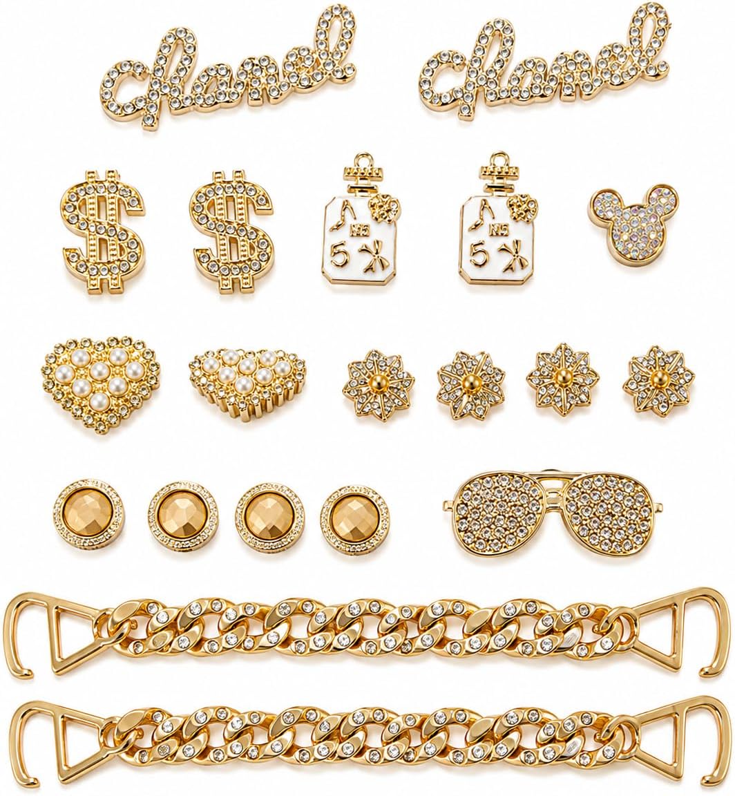 Bling Croc Charms for Women, Gold Clog Shoe Charms Set, Rhinestone Decor