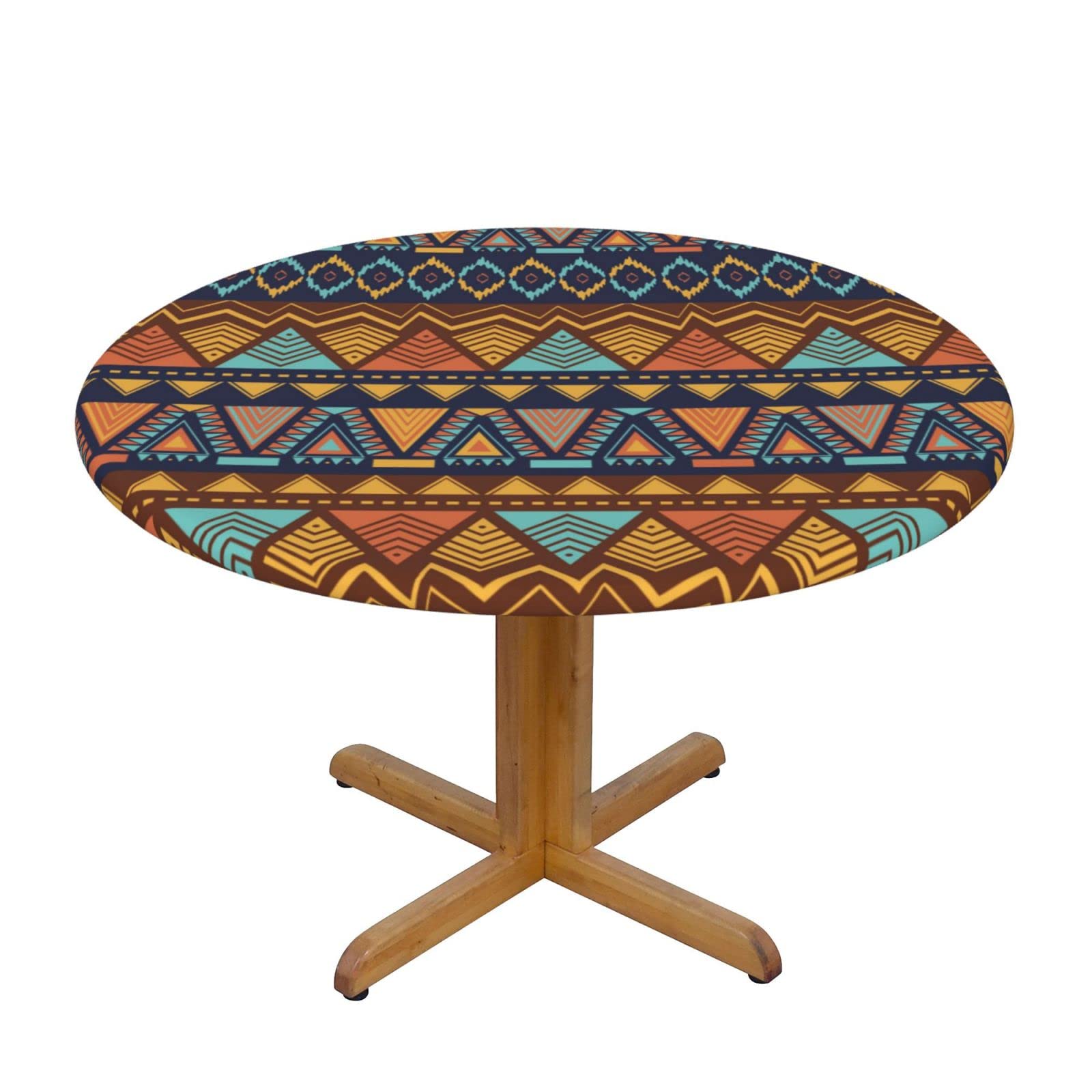 Lsjuee Round Fitted Tablecloth 45-50in Elastic Edged Table Cloth for Kitchen Dining Party Home Decor - Ethnic Geometric Native Vintage