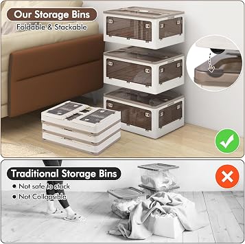 COSTWAY 90L/132L Stackable Storage Boxes with Lids, 3-Tier Large Collapsible Storage Bins with Wheels & 5 Open Doors, Foldable Plastic Storage Containers Organiser for Bedroom Living Room (90L)