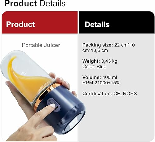 Miniatura 5 de Regalosonline - Mini batidora de mano personal y portátil para batidos, jugos, proteínas, frutas y verduras con 6 cuchillas + 2 tazas para ir a