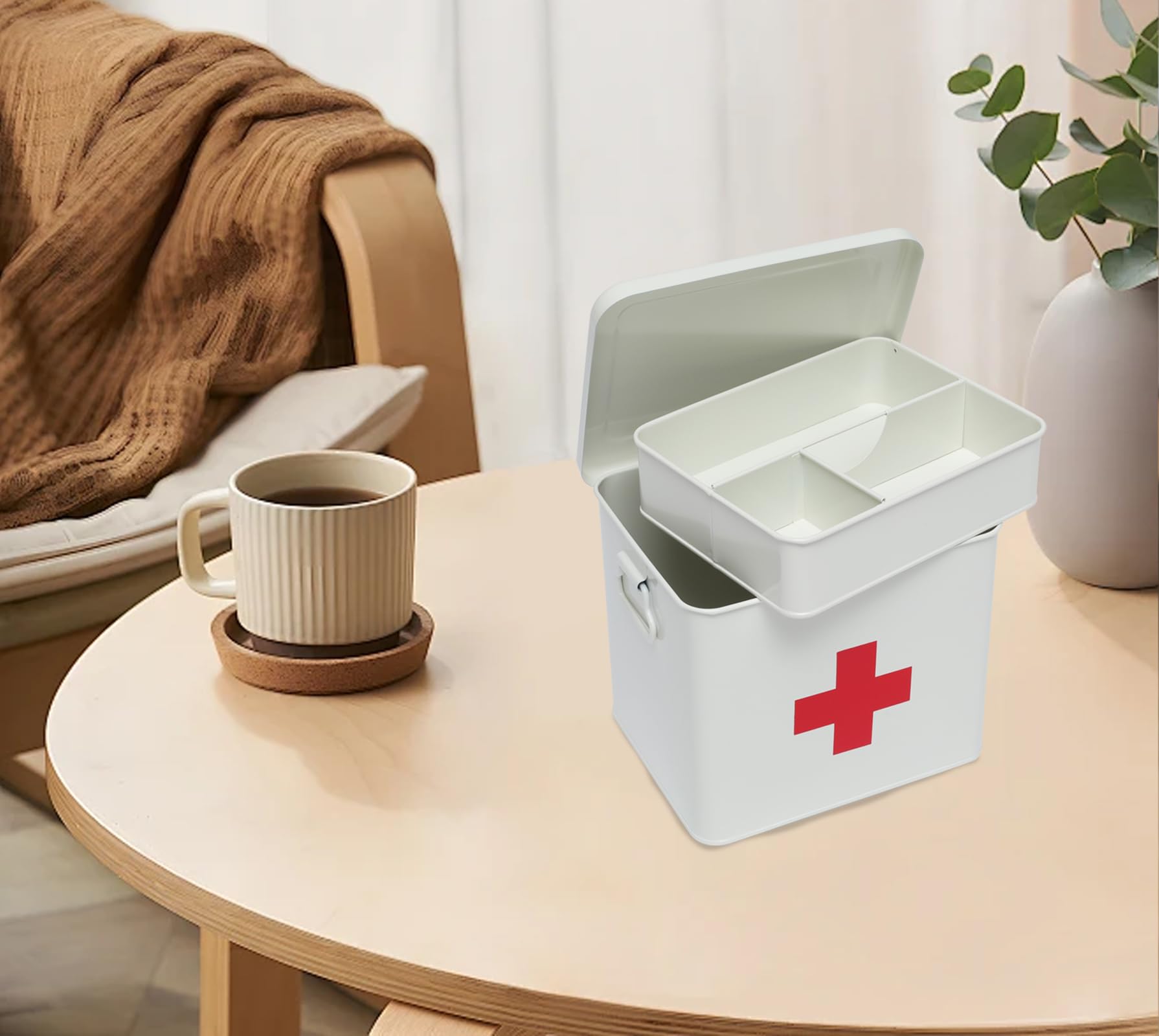 Porta Medicine,Contenitore Per Medicine Domestiche,Organizer Medicinali 2 Strati In Metallo,Scatole Medicine Con Maniglia,Adatto Allo Stoccaggio Di Prodotti Farmaceutici Pronto Soccorso Bianco