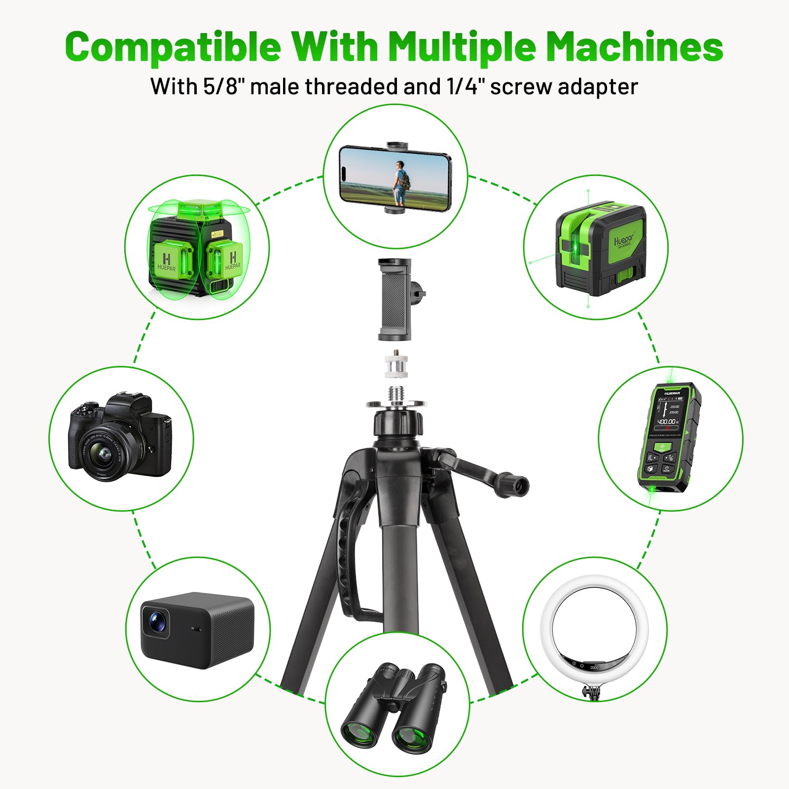 Huepar Treppiede in Alluminio per Livelli Laser a Punto–Testa Piatta, Impugnatura con Livella a Bolla, Filetto 5/8"-11 + Adattatore 1/4"-20, Supporto per phone Incluso, Borsa da Trasporto – TPD16A1