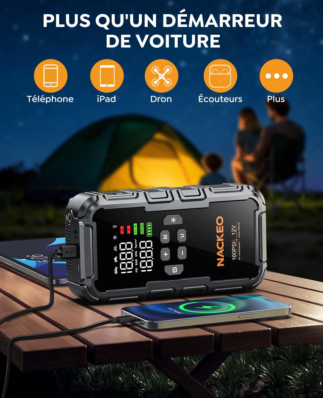 Booster Batterie Voiture 8000A avec Compresseur 160PSI, 12V Booster Voiture Portable (Essence & Diesel 12L), Démarreur Batterie Voiture avec Lampe 600LM, Câbles de Démarrage, Grand écran LCD