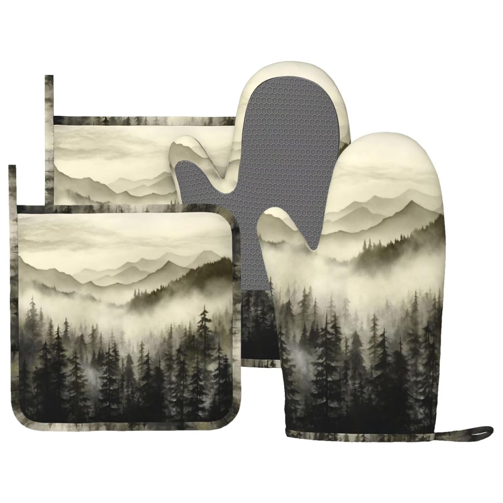 Maniques et moufles en silicone paysage de forêt brumeuse pour cuisine et barbecue