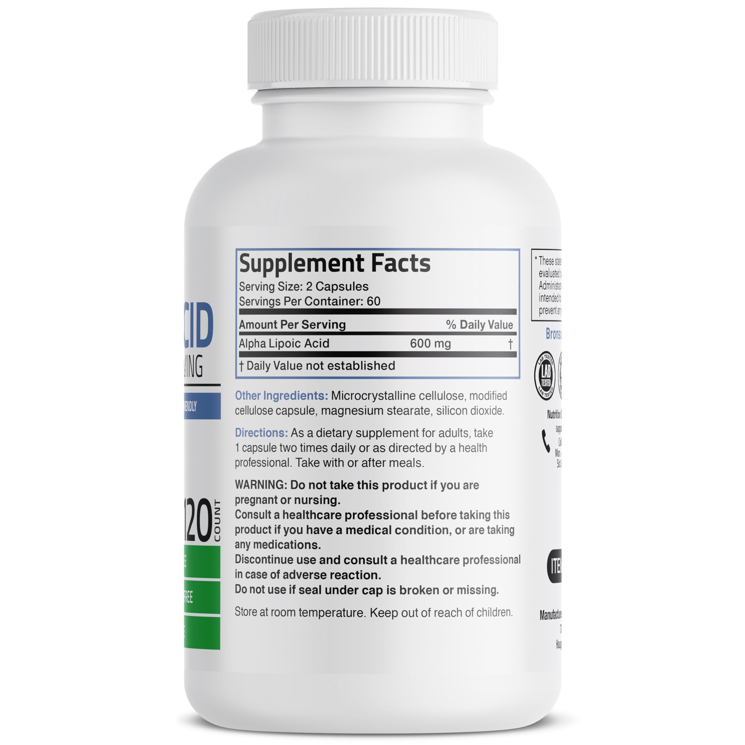 Bronson Alpha Lipoic Acid 600 mg Glucose Metabolism Support, 120 Capsules — Amazon image 2