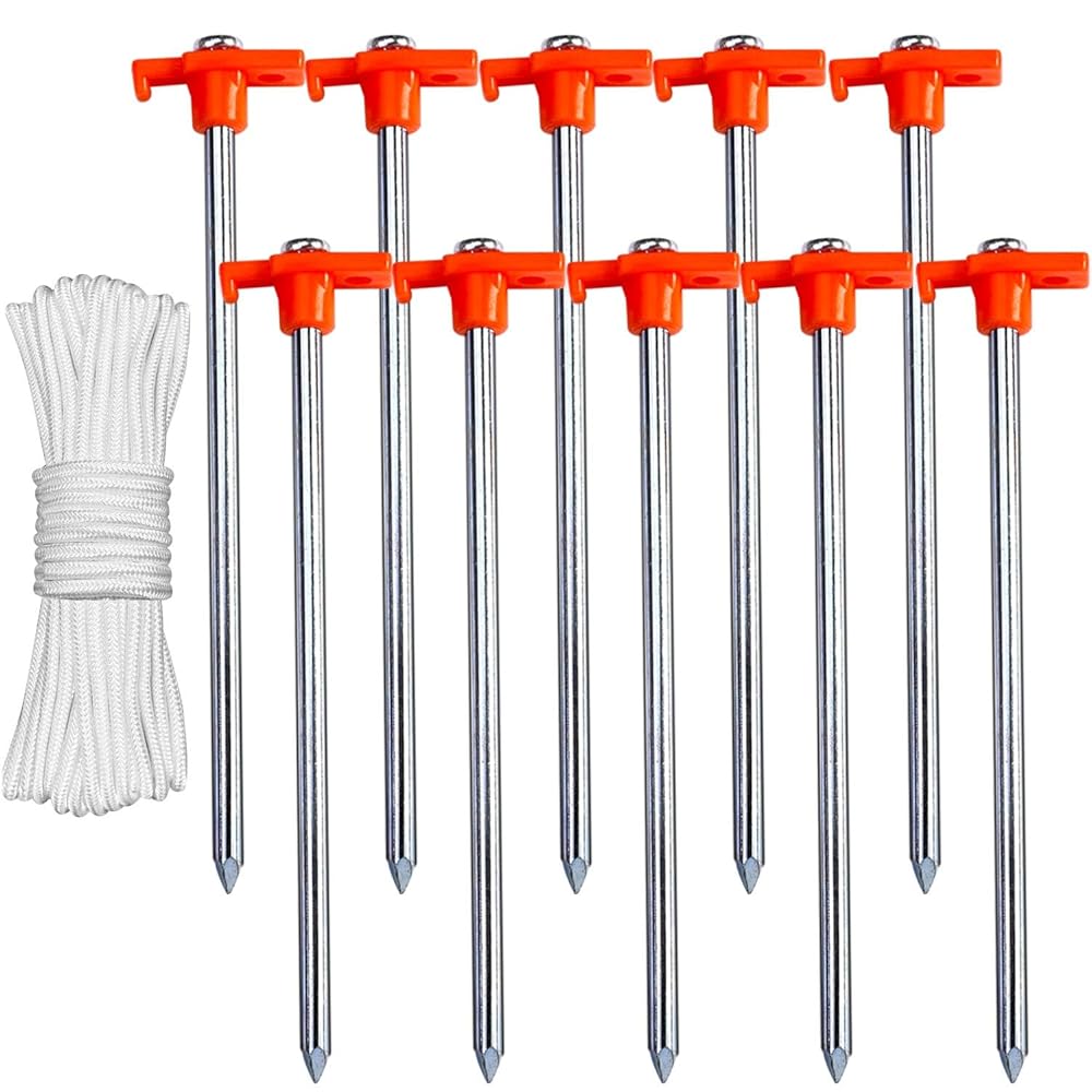 ABCCANOPY 10 Inch Tent Stakes 10 Pcs Non-Rust Metal Ground Anchors, Heavy Duty Spikes with 4 Ropes for Outdoor Camping, Reddish Orange