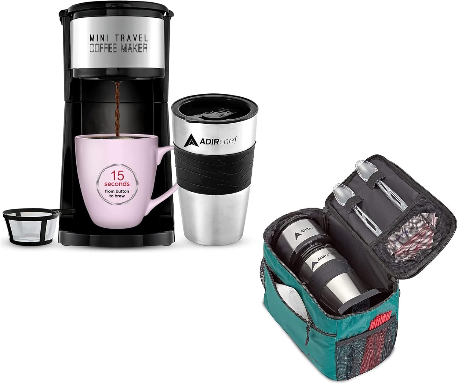 AdirChef Mini Travel Single Serve Coffee Maker & 15 oz