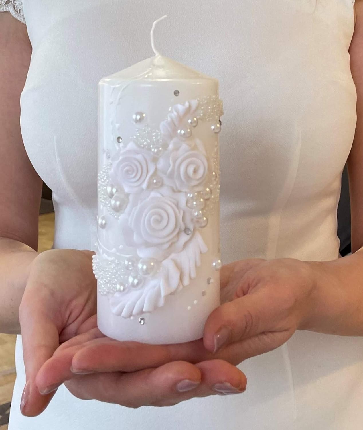Unity Candle Set for Wedding Ceremony with White Wooden Taper Candle Holders Included, Handmade White Floral Pillar 6" х3 Candle, 3 Piece Christian Marriage, Long Burning, Unscented Gift