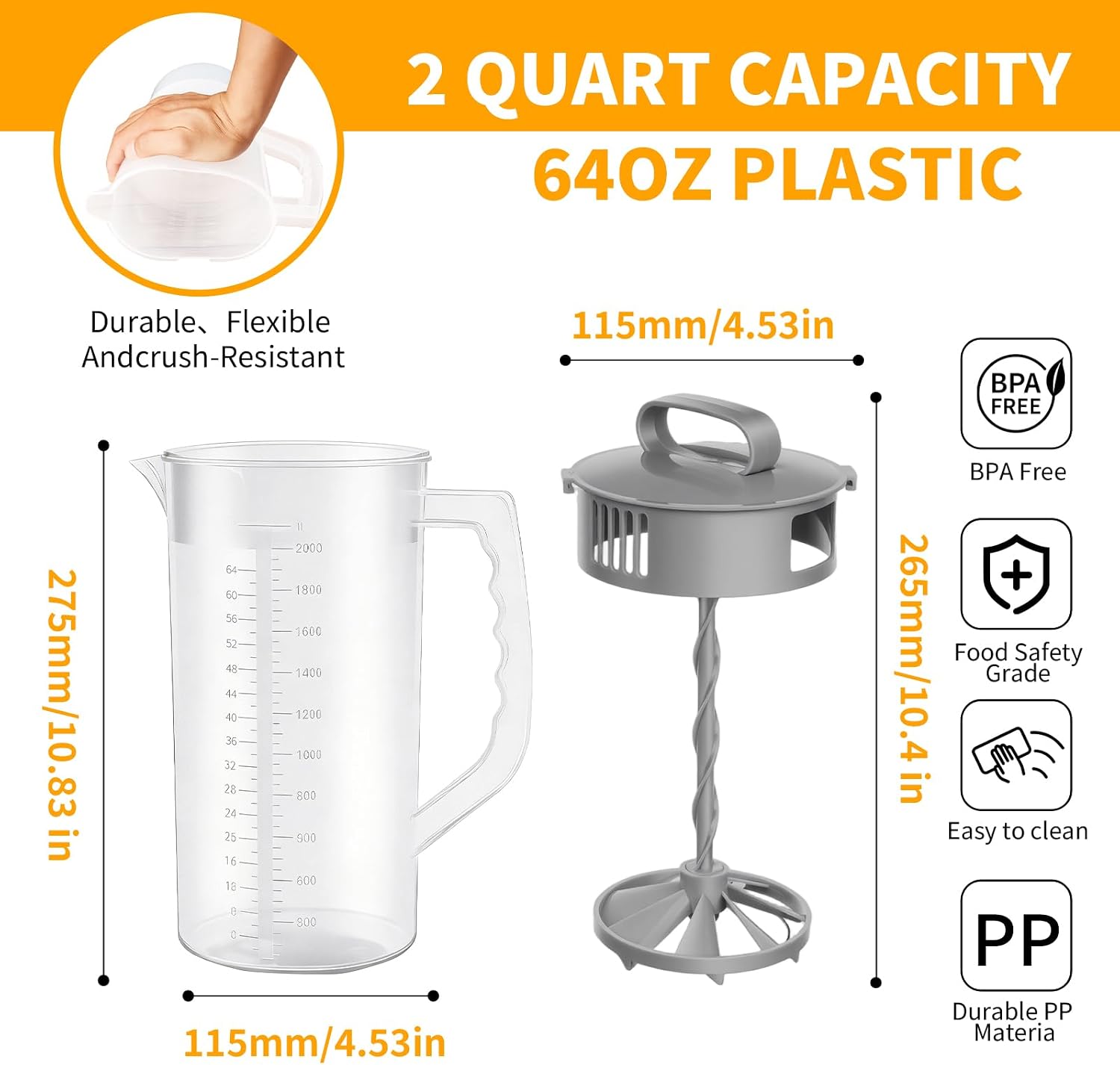 2 Quart/64oz Mixing Pitcher with Adjustable Plunger & Lid - BPA-Free, Drink Container for Juice, Formula, Tea - Wide Mouth, Easy Clean, Vortex Mixing Technolog