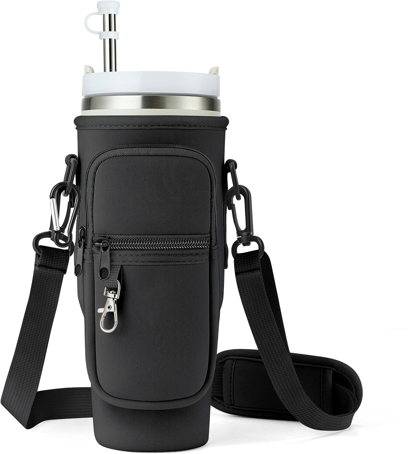Tumbler Carrier Bag with Pouch for 40oz and 30oz Tumbler with Handle, Neoprene Water Bottle Holder Compatible with Stanley Quencher H2.0 Adjustable Strap & Phone Pocket for Outdoor Travel (Black)-image-20