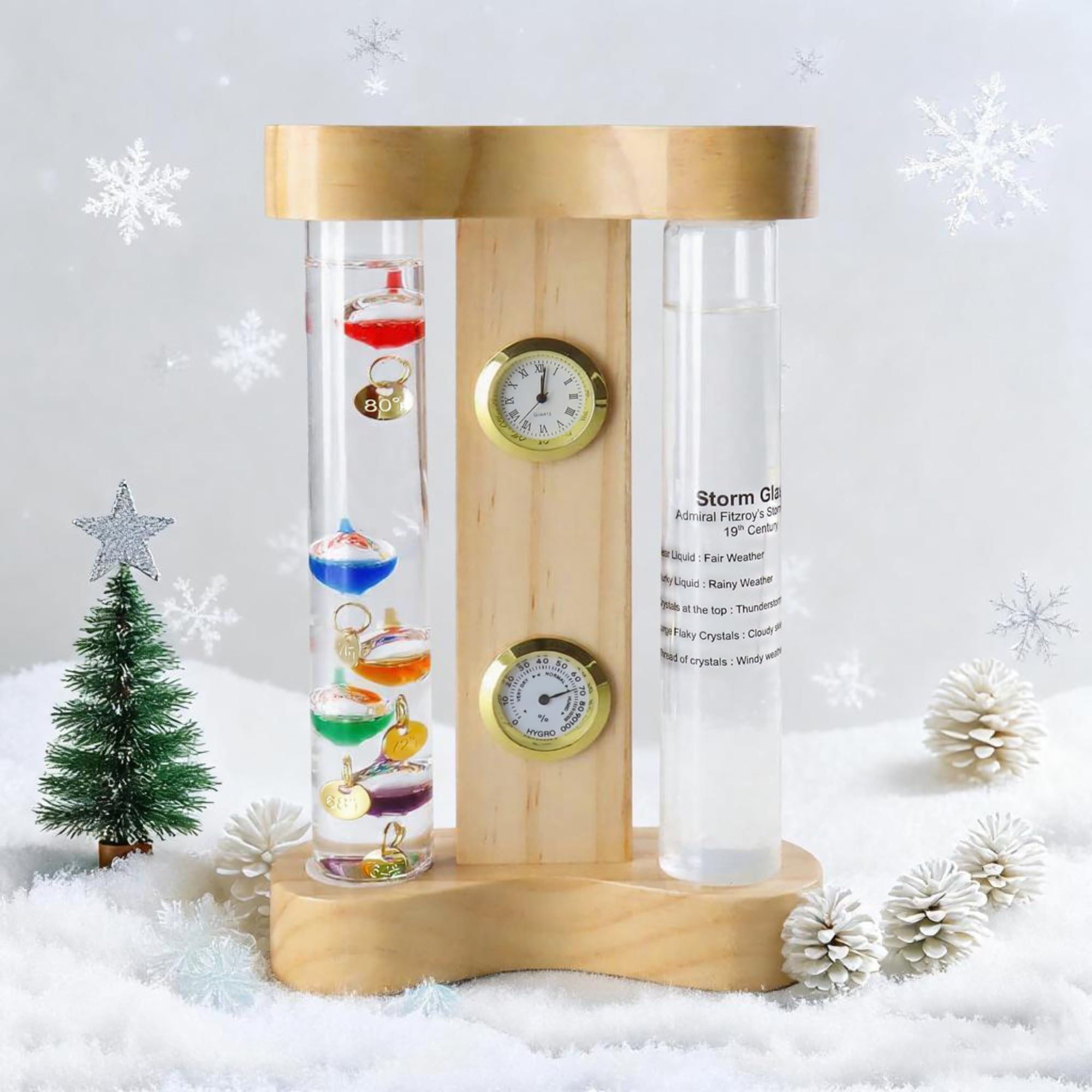 Lily's Home Stazione meteo analogica con termometro Galileo, vetro temporale, orologio al quarzo e igrometro, telaio in vetro e legno, termometro Galileo per interni ed esterni decorazione per la casa
