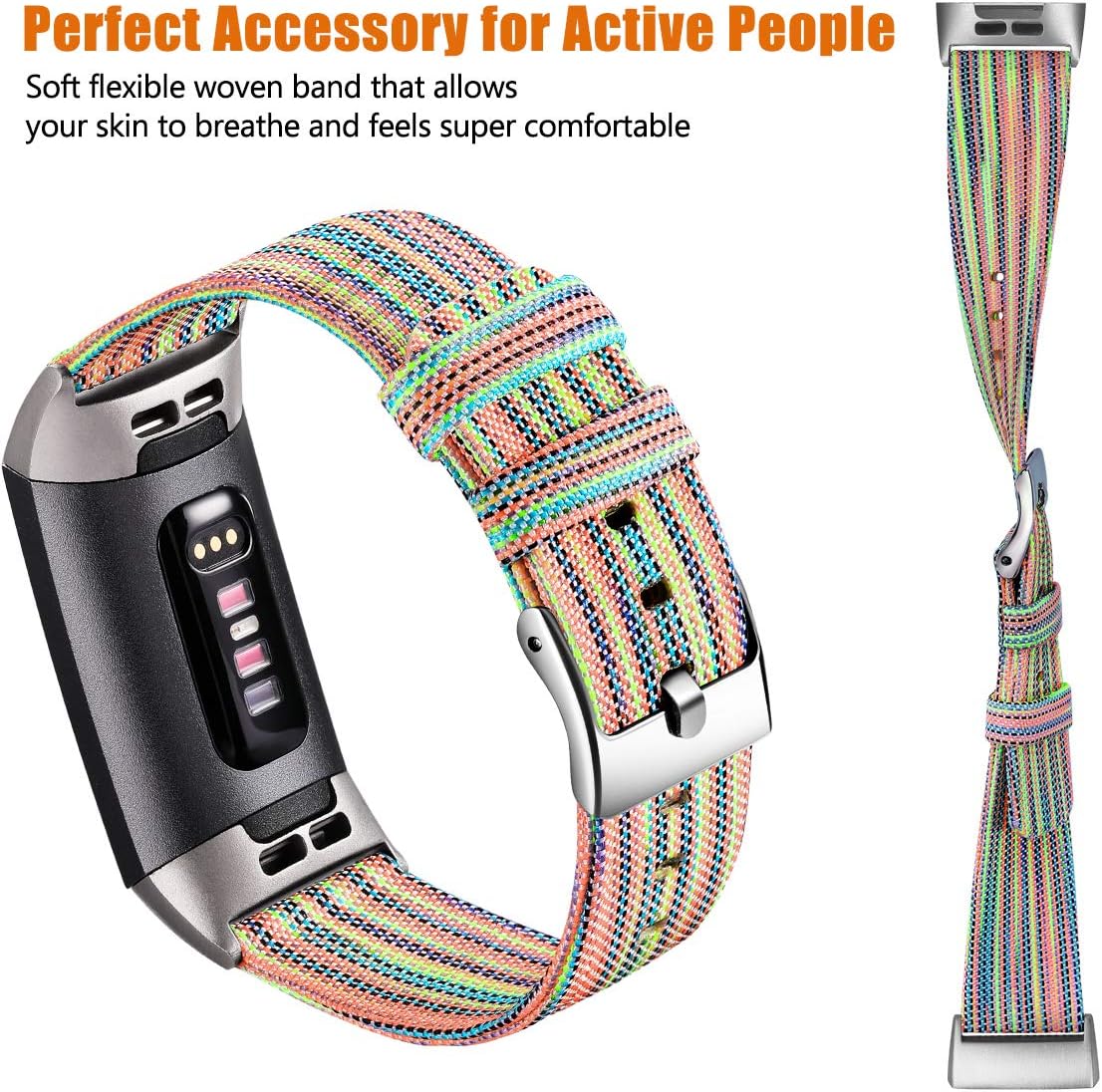 Maledan Compatible with Charge 3 Bands and Charge 4 Bands for Women Men, Soft Woven Fabric Replacement Band for Charge 4/Charge 3/Charge 3 SE, Small, Rainbow Pattern